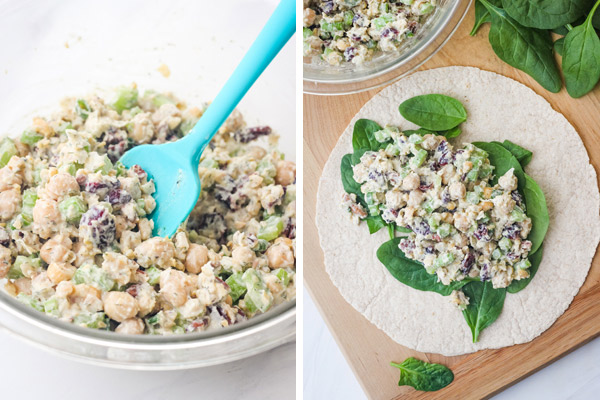 Spoon scooping bowl of chickpea salad and wrap topped with spinach and salad.