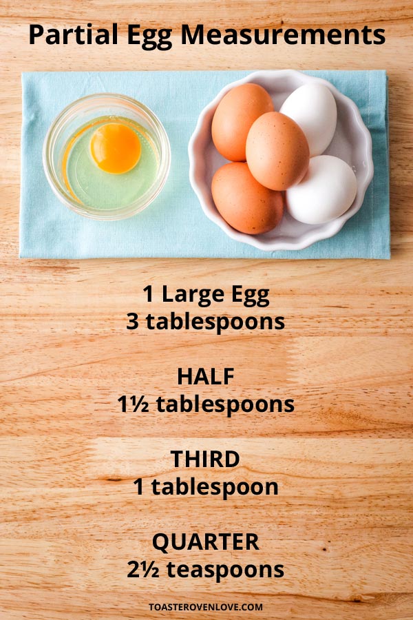 A cracked egg in a mason jar next to a bowl of whole eggs with text measurements written below.