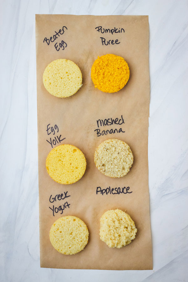 Interior view of six mini cakes with the egg substitute used written next to each one.