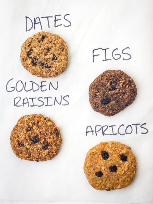 Four cookies with text written above: figs, dates, golden raisins, and apricots.