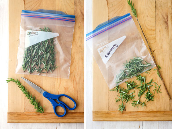 First Photo: Rosemary stems in a bag with scissors on a cutting board. Second Photo: Rosemary leaves in a plastic bag.