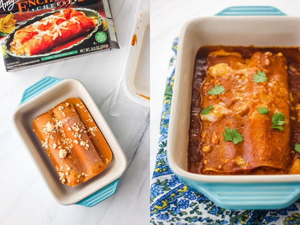 Frozen enchiladas baked in a blue 7x5 baking dish.