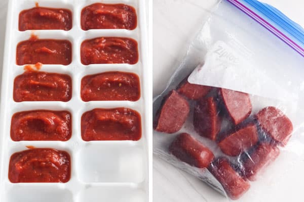 Ice cube tray full of pizza sauce and frozen sauce cubes in a plastic bag.