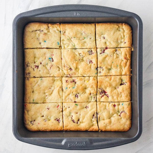 Baked cookie bars in an 8x8 baking pan.