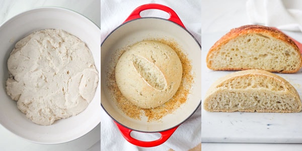 Dough in bowl and baked small loaf of bread.