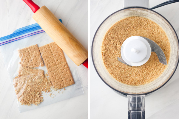 Graham cracker crumbs in a plastic bag and mini food processor.