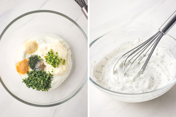 A glass bowl with yogurt and seasonings and the ingredients whipped with a metal whisk.