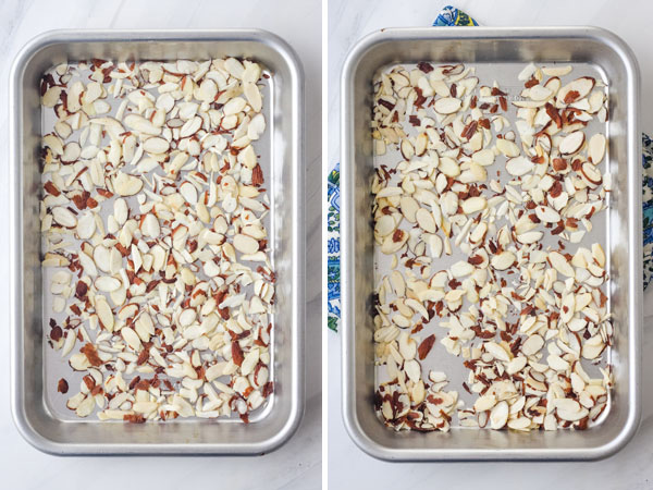 Raw and toasted sliced almonds on baking sheets.