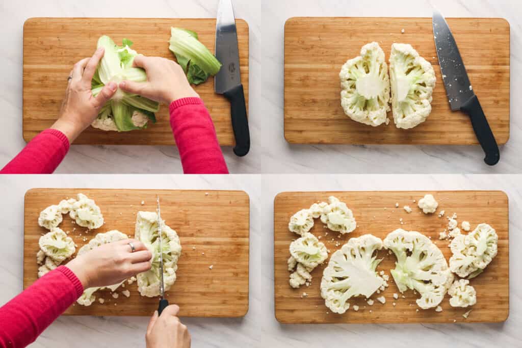 Overhead view of cauliflower sliced in half and into thick steaks.