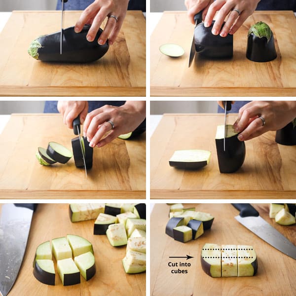 Person cutting eggplant on a cutting board.