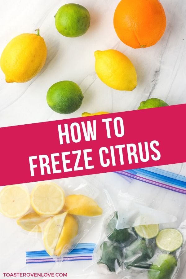 First Photo: Whole citrus on a white table. Second Photo: Frozen lemon and limes in plastic bags.