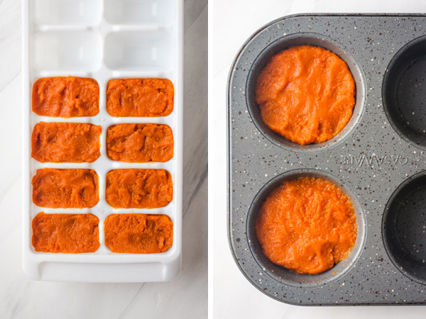 A white ice cube try with pumpkin and a muffin tin filled with pureed pumpkin.