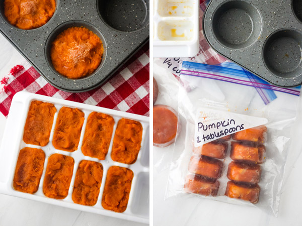 Frozen pumpkin cubes in a tray and in a freezer-safe bag.