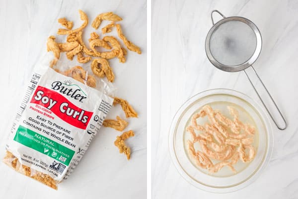 Bag of Butler Soy Curls and curls soaking in bowl of water.