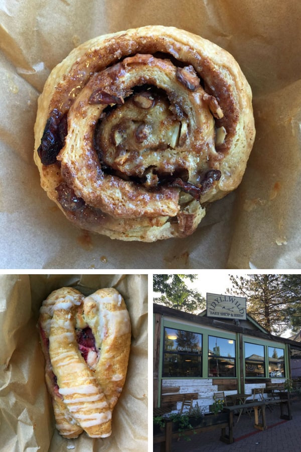 Photo of a harvest roll, dragonfruit pastry and exterior of a bakery.