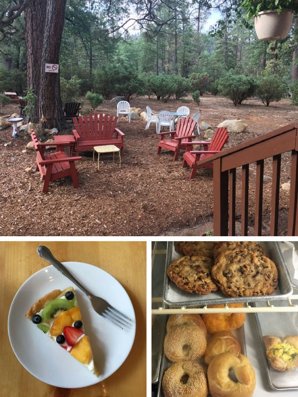 Outdoor patio surrounded by trees, gluten-free fruit tart and bakery case with fresh cookies and bagels.