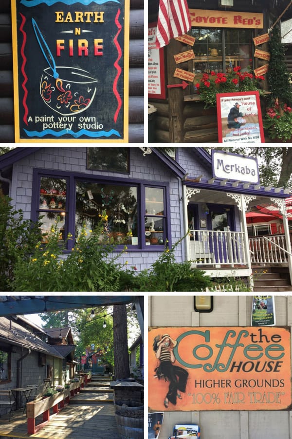 Photos of signs for shops in Idyllwild including pottery painting, jams, tea and a coffee house.