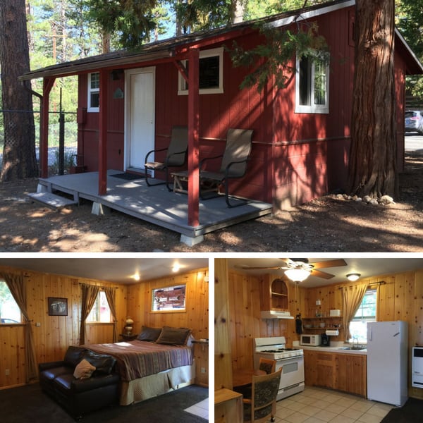 Small cabin with photos of a bed and kitchen inside.