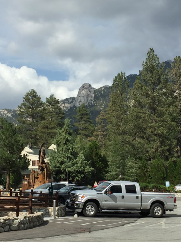 View of trees and mountains from the center of town.