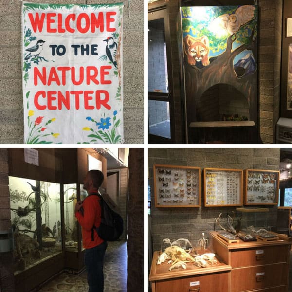 Photos of a welcome sign, puppet theater and fossils.