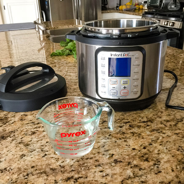 An instant pot mini duo plus on a counter with a measuring cup of water.