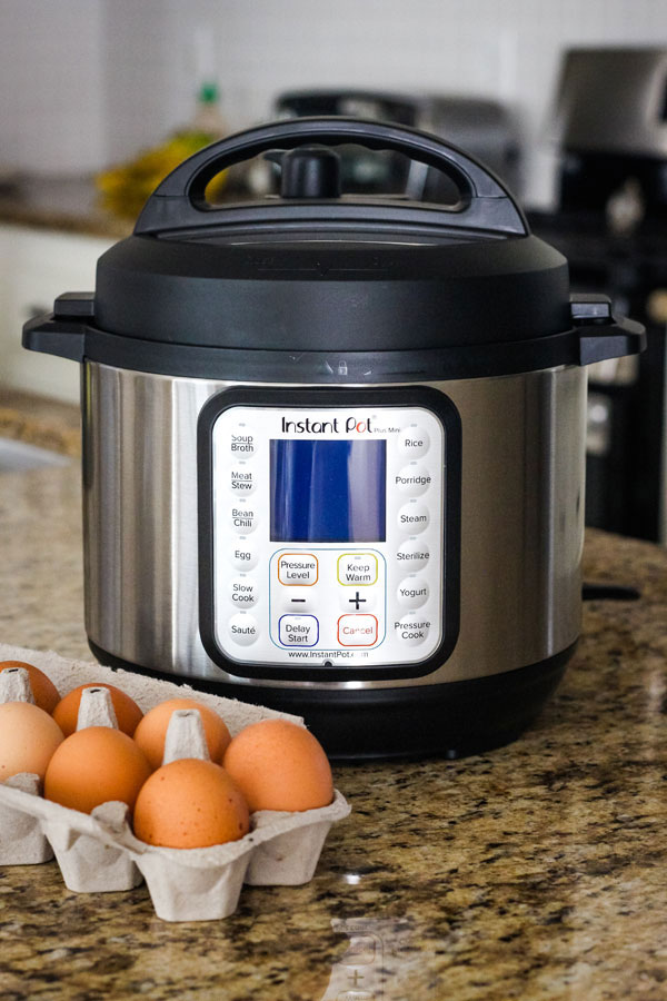 An instant pot mini on a kitchen counter next to a carton of brown eggs.