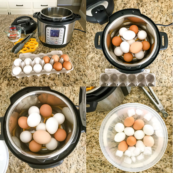 Photos of a dozen eggs inside an instant pot mini and in a bowl with ice water.