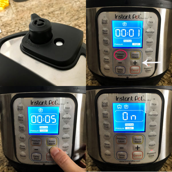 Multiple photos showing settings for instant pot screen.