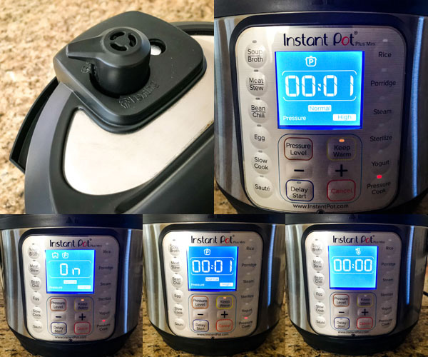 Collage of instant pot screen during cooking process.