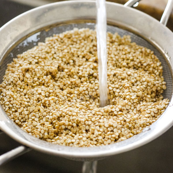 Quinoa in a mesh strainer rinsed under a stream of water.