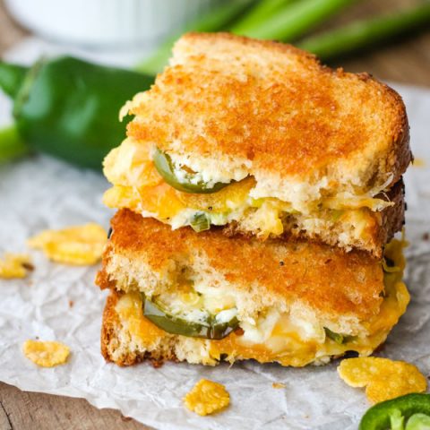 Close up of stacked Jalapeno Popper Grilled Cheese.