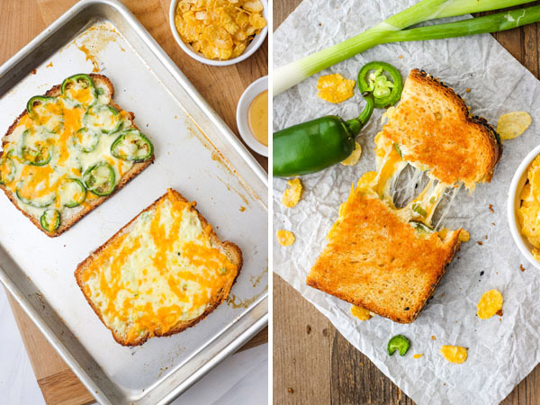 Baked cheese toasts and a grilled cheese pulled in half. 