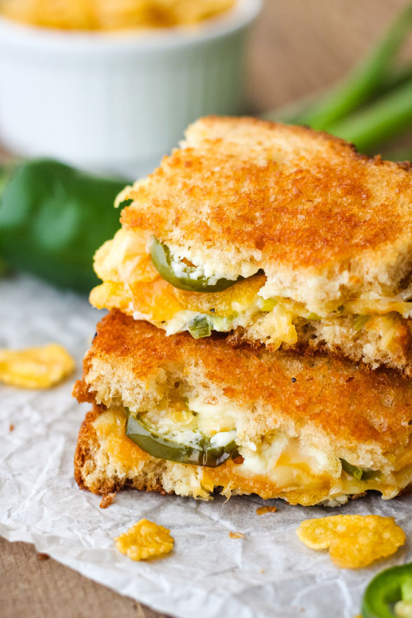 Close up of stacked Jalapeno Popper Grilled Cheese