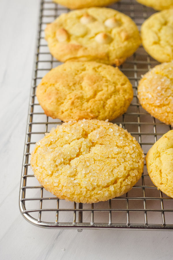 Lemon cookies on a wire cooling rack.