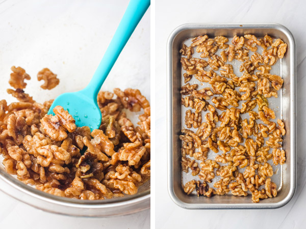 A glass bowl with coated nuts and a small sheet pan with nuts spread out.