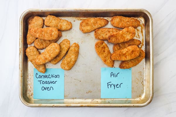 Crispy meatless strips on a sheet pan.