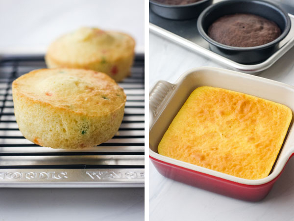 Mini cakes will sloped edges on a cooling rack and small lemon and chocolate cakes without slopes.