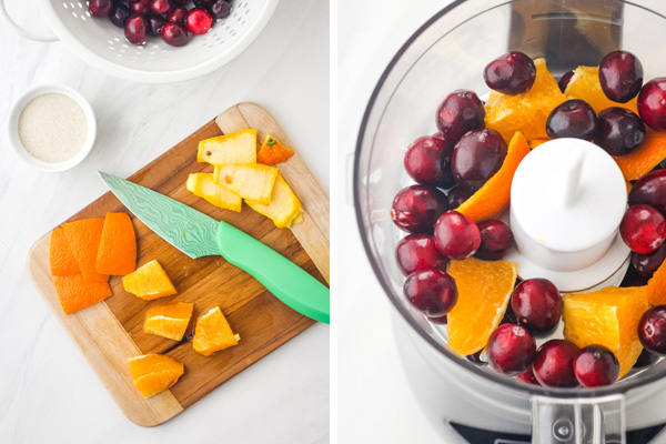 Orange segments and peel on a cutting board and with fresh cranberries in a mini food processor.