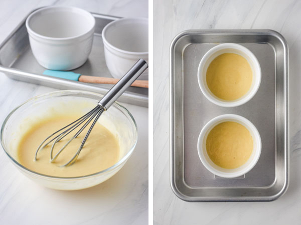 Yellow cake batter whisked in a small glass bowl and in two white ramekins on a small rimmed sheet pan.