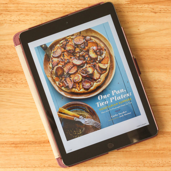 One Pan, Two Plates Vegetarian Suppers digital book cover on a tablet.