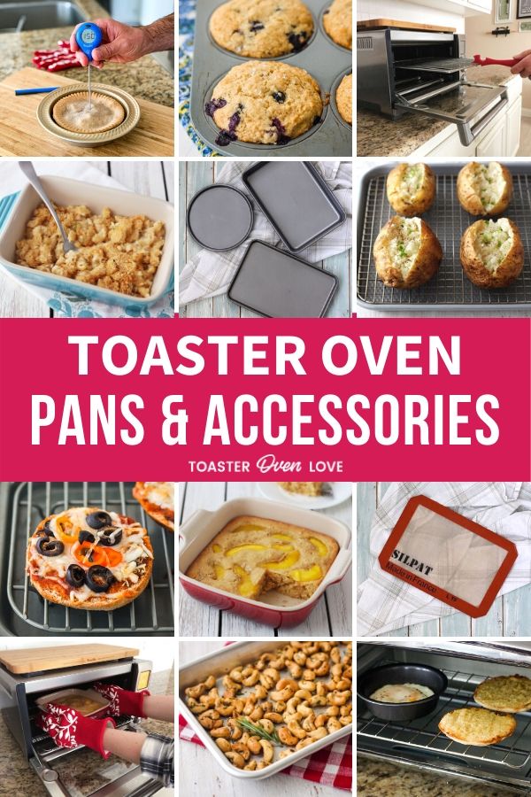 Variety of pans and foods cooking in a toaster oven.