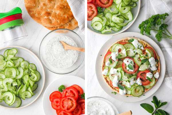 Spiraled cucumber, tomato slices, pita breads, and a bowl of yogurt sauce on a table.