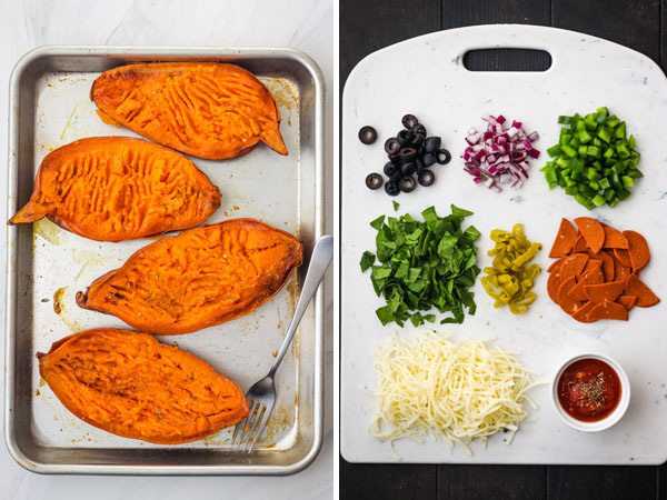 Baked sweet potatoes on a pan and a cutting board with pizza toppings.