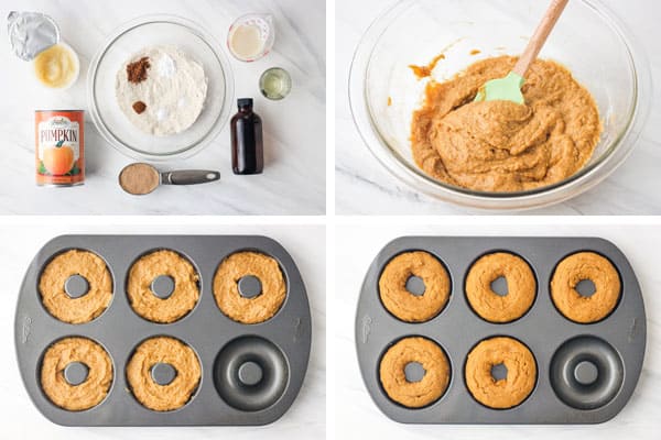 Ingredients, batter, and baked donuts in pan.