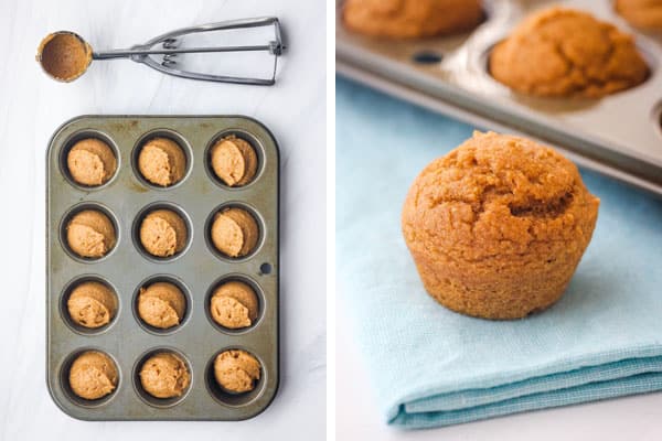 Mini muffin pan with batter and donut hole on a napkin.