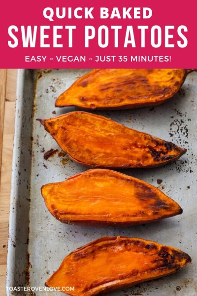Baked sweet potato halves on a quarter sheet pan.