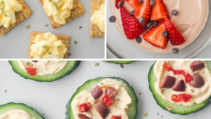 Glass bowl with yogurt and berries, egg salad on crackers, and cucumber slices with hummus.