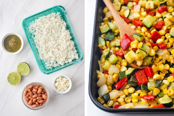 Roasted veggies on pan and containers with rice, beans, salsa, and feta cheese.