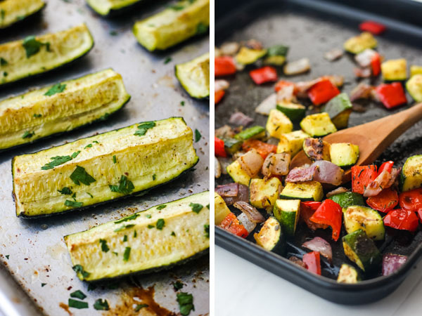 Collage of cooked zucchini wedges and a dark pan of roasted zucchini, red bell pepper, and onions with a wooden spoon. 