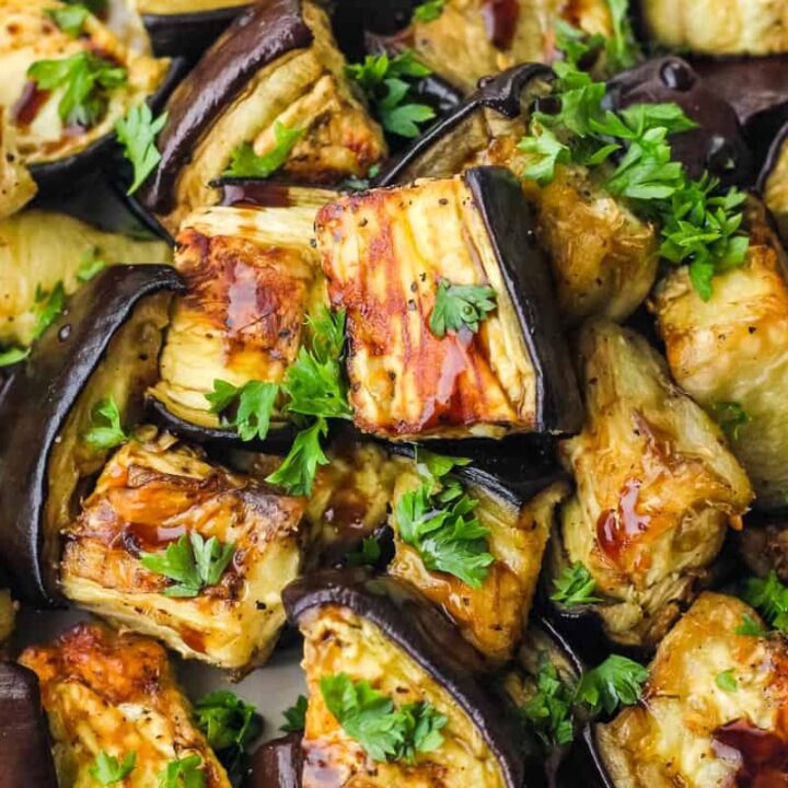 Cooked eggplant with balsamic vinegar and parsley.